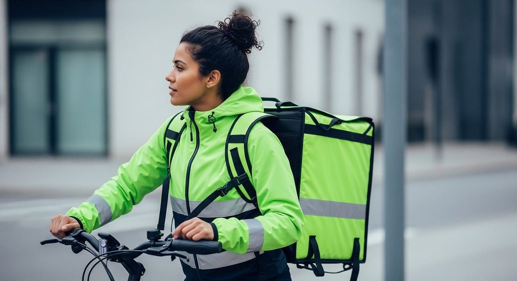 Una persona in sella a una bicicletta indossa una giacca a vento verde fluo e uno zaino termico per le consegne a domicilio.